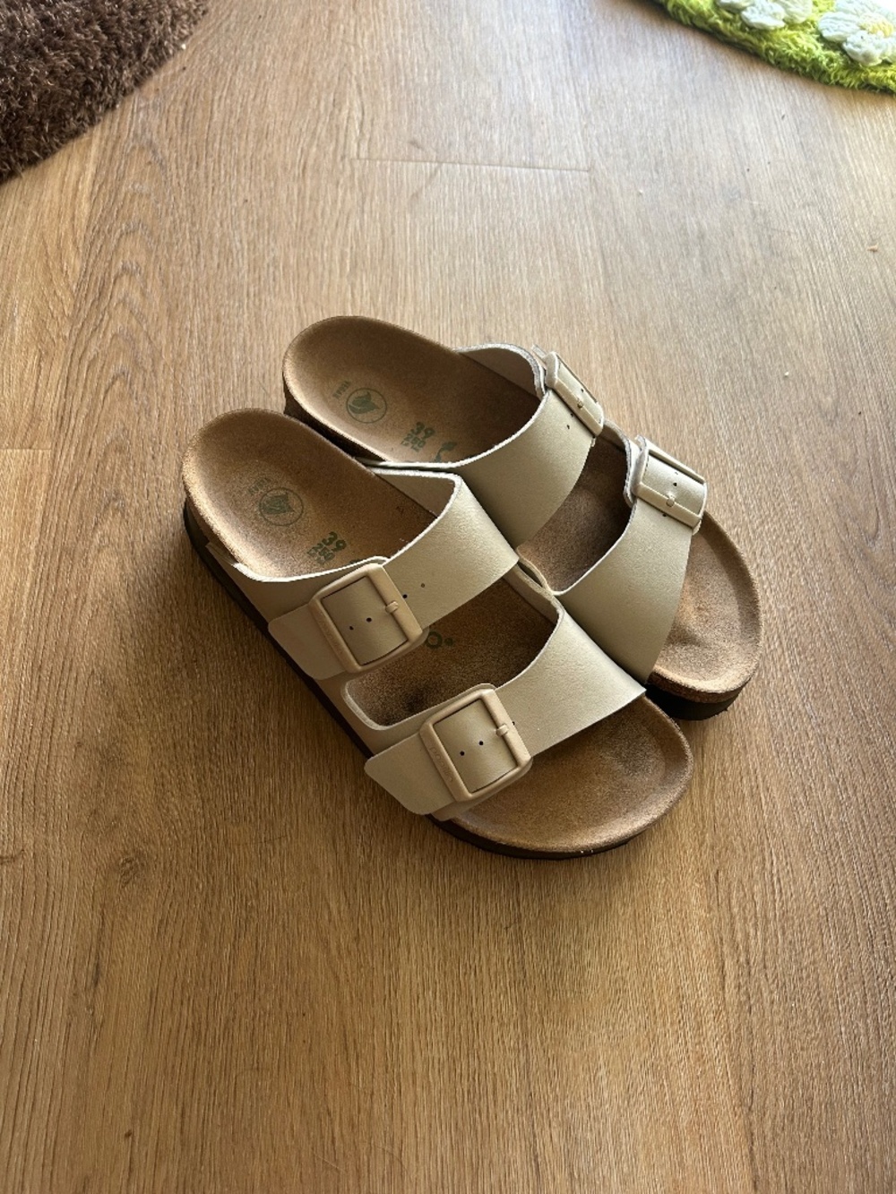 Platform Birkenstock Arizona Sandals in Tan & Cream